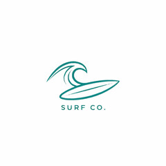Minimalist Surf Co. Logo with Wave and Surfboard Design.