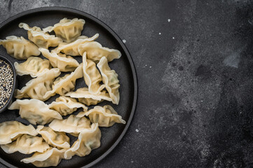 Fresh asian dumplings mandu served on a dark textured surface. Minimal food composition ideal for restaurant ads and stock use.