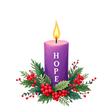 Purple advent candle with burning flame surrounded by holly and red berry decoration, isolated on transparent background