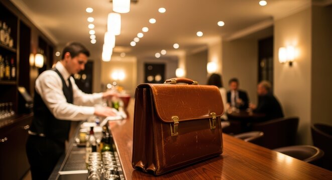 Business briefcase on bar counter with bartender in background of elegant lounge