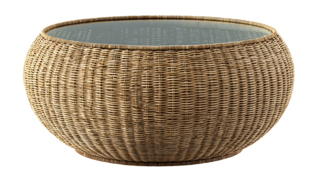 A round, contemporary outdoor coffee table featuring a tightly woven wicker or rattan base with a smooth, clear glass top, isolated on black. background removed