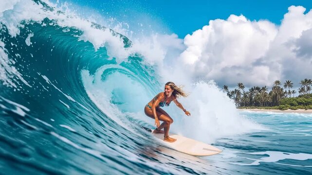 Professional female surfer riding a big blue ocean wave