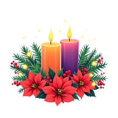 Two burning christmas candles surrounded by vibrant poinsettia flower arrangement and evergreen branch decoration isolated on transparent background