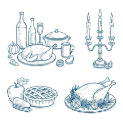 Monochrome Light Blue Hand-Drawn Feast & Thanksgiving Sketch Illustration Set