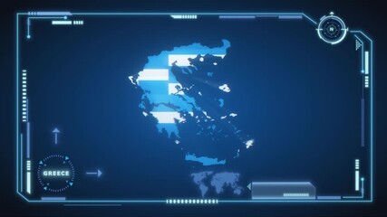 Futuristic Digital Greece map HUD animation, global network cyber technology, government, Country Map, Politics, Travel, News, and Sports Events - Powered by Adobe