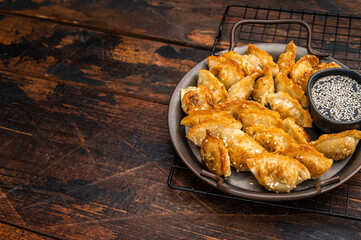 Crispy fried mandu dumplings with sesame dipping sauce on a wooden background. Golden panfried potstickers in a rustic metal plate.