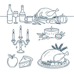 Monochrome Light Blue Hand-Drawn Feast & Thanksgiving Sketch Illustration Set