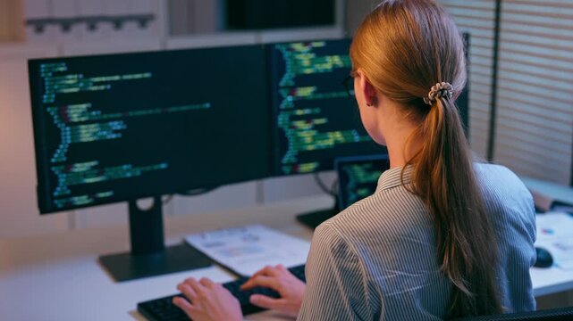 Caucasian young female software engineer working at night in the office.
