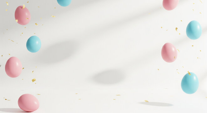 Clean white background with delicate pink and blue Easter eggs gently floating, subtle golden confetti falling, large empty space in the center for text, dreamy and elegant atmosphere, studio lighting