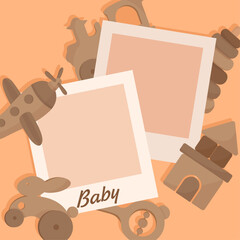 Photo frame template for baby decorated with wooden crafted eco toys baby shower