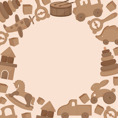 Circular frame with wooden crafted vintage eco toys in background train plane pyramid car horse