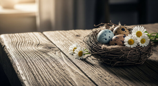Rustic wooden table with a small nest of speckled eggs and fresh daisies, warm morning light from the side, three-quarters of the frame left completely empty for text, cozy farmhouse Easter feel.