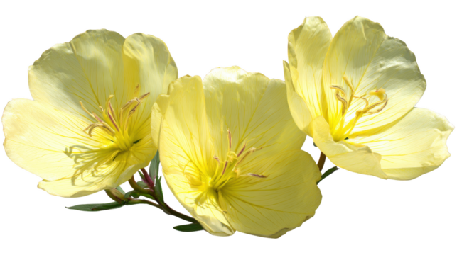 Three delicate yellow evening primrose flowers isolated on a transparent background