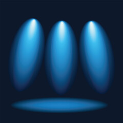 hree bright blue spotlights shine on a dark stage.Asphalt blue dark.Rays.Stage spotlight illumination set isolated.Color beams glowing in nightclub or disco.Party concept.Vector illustration.