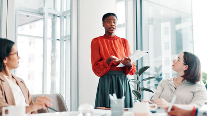 Fashion design, meeting and presentation with business women in boardroom for discussion. Conversation, feedback and planning with designer people in workplace for development of clothing company