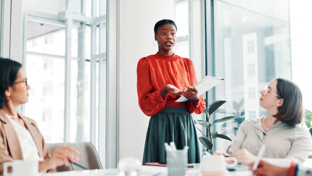 Fashion design, meeting and presentation with business women in boardroom for discussion. Conversation, feedback and planning with designer people in workplace for development of clothing company