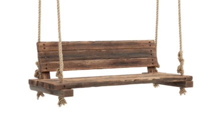 A rustic wooden swing bench with a weathered texture, suspended by thick ropes against a transparent background. background removed