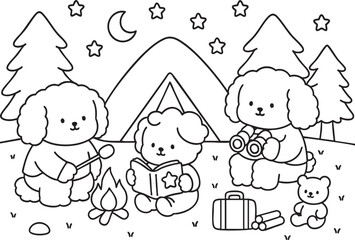 Coloring book Fluffy Dog Camping Adventure Art Hand Draw