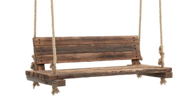 A rustic wooden swing bench with a weathered texture, suspended by thick ropes against a transparent background. background removed