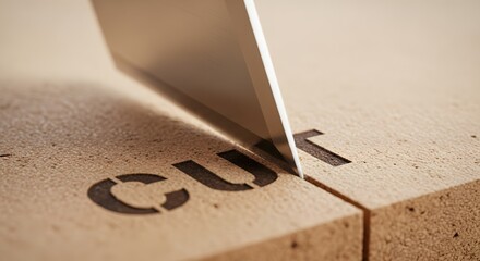 Cutting through a wooden surface with a knife revealing the word cut