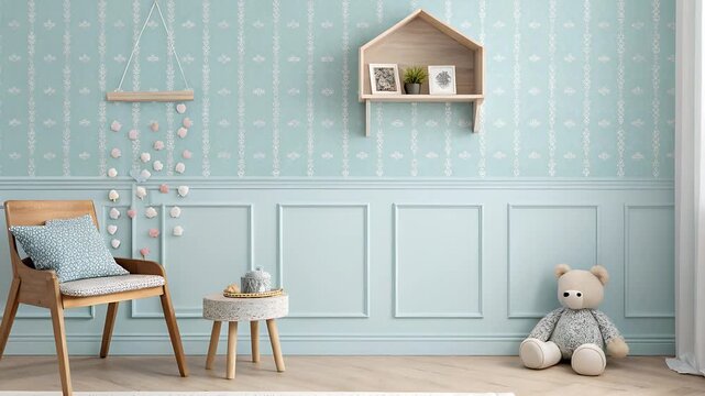Interior of a nursery room with wooden chair and light blue patterned wallpaper and teddy bear toy
