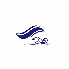 Stylized Icon of a Swimmer in Action with Blue Waves.