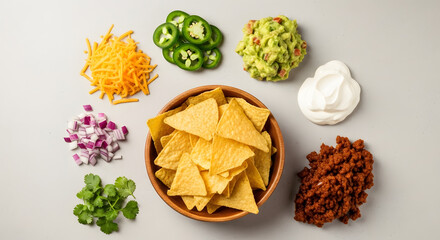 Vibrant ingredients for delicious nachos including tortilla chips, guacamole, cheese, sour cream, jalapenos, onions, and cilantro