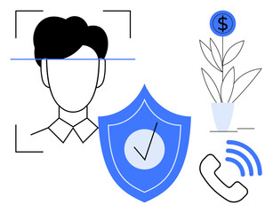 Facial identification scan, shield with checkmark, dollar sign plant, and phone icon highlight technology, data security, financial growth, communication, biometrics. Ideal for security finance