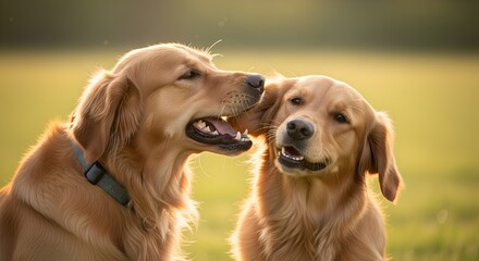 Two golden retrievers playfully interacting in a sunny field  