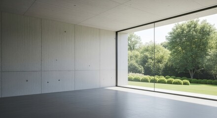 Fototapeta premium Empty modern interior space featuring raw concrete walls and floor overlooking a serene green landscape.