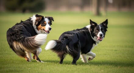 Two playful border collies running on green grass in a park  
