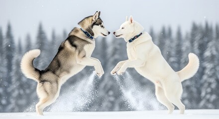 Two Siberian Huskies playing joyfully in the snow-covered forest  