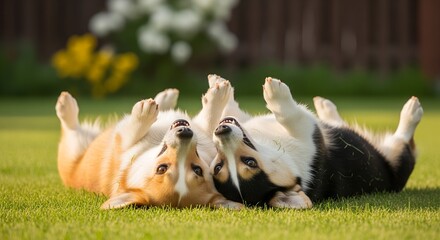 Two playful corgis lying on grass under sunny sky  