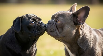 Two dogs kissing in sunny park with blurred green background  