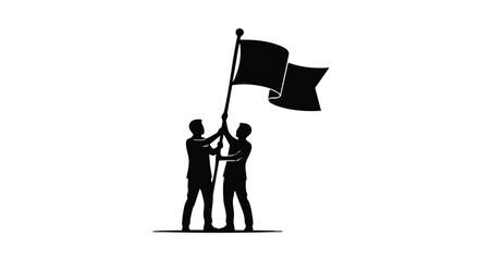 Two men raising a flag on a flagpole, teamwork and victory symbol