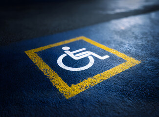 Close up of white wheelchair symbol on blue floor with yellow border, showing clear accessibility sign designed as call to action for inclusion, awareness, and mobility access in modern public