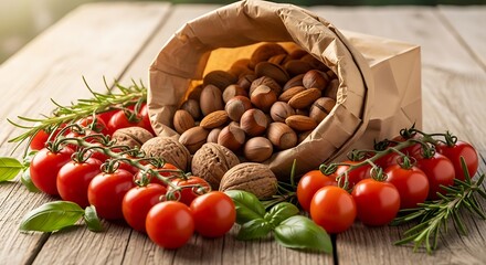 Healthy food on rustic wood