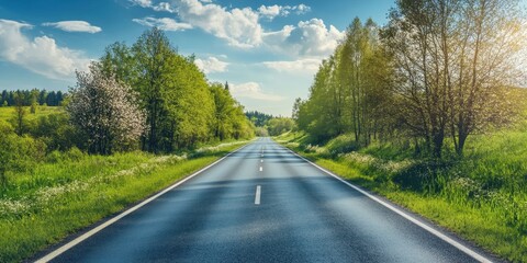 Road with blooming trees in spring.