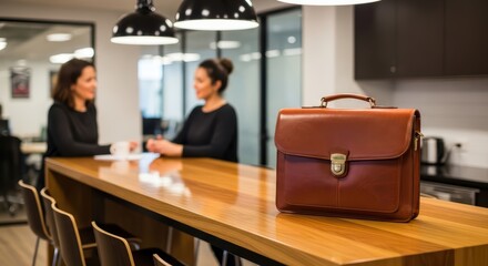 Leather briefcase in modern office with two professional women conversing