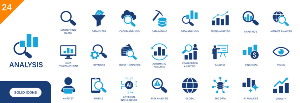 Analysis icon. Includes competitor analysis, data mining, data filter, analyst, big data. Solid vector icon set.