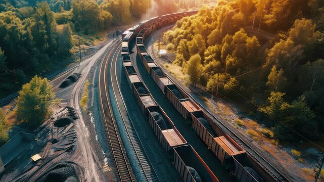 Trains transport goods through scenic landscape at sunset