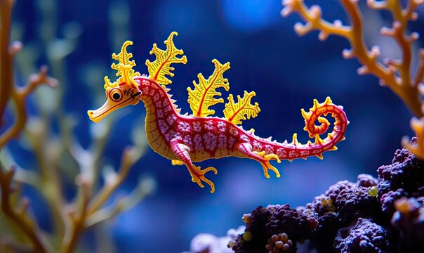 Vibrant Red and Yellow Leafy Sea Dragon: Exotic Marine Life Swimming in Deep Blue Ocean Reef