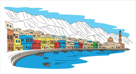 Muscat skyline doodle with iconic landmarks and architecture
