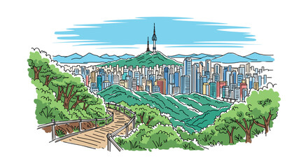 Seoul skyline doodle with iconic landmarks and architecture