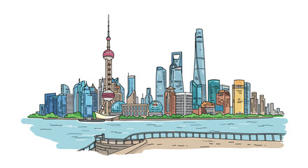 Shanghai skyline doodle with iconic landmarks and architecture