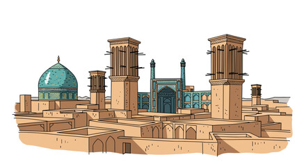 Yazd skyline doodle with iconic landmarks and architecture
