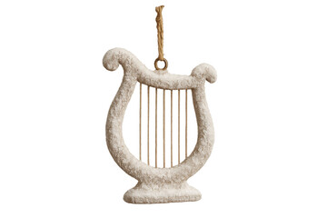 A white snow-covered harp Christmas tree ornament with golden strings and a rustic twine loop is a traditional musical decoration for the festive holiday season