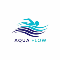 Aqua Flow Logo Featuring Swimmer and Stylized Waves for Water-Related Business.