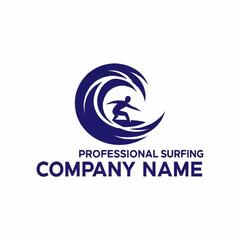 Dynamic surfing logo featuring a surfer riding a powerful ocean wave.