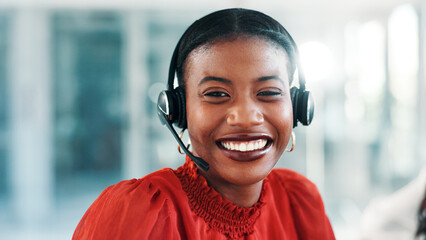 Help desk, smile and black woman in call center with headset for holiday guide, about us or pride. Portrait, customer service consultant or confident person, trip advisor or booking with travel agent